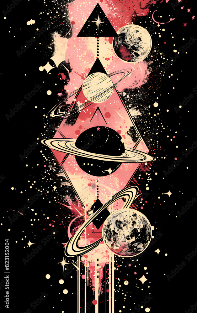 Poster a painting of a galaxy with a large planet in the center and three smaller planets surrounding it. t