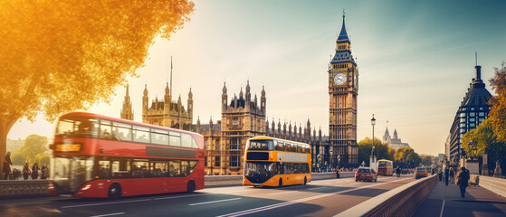 Sunset Over London's Iconic Big Ben and Red Buses