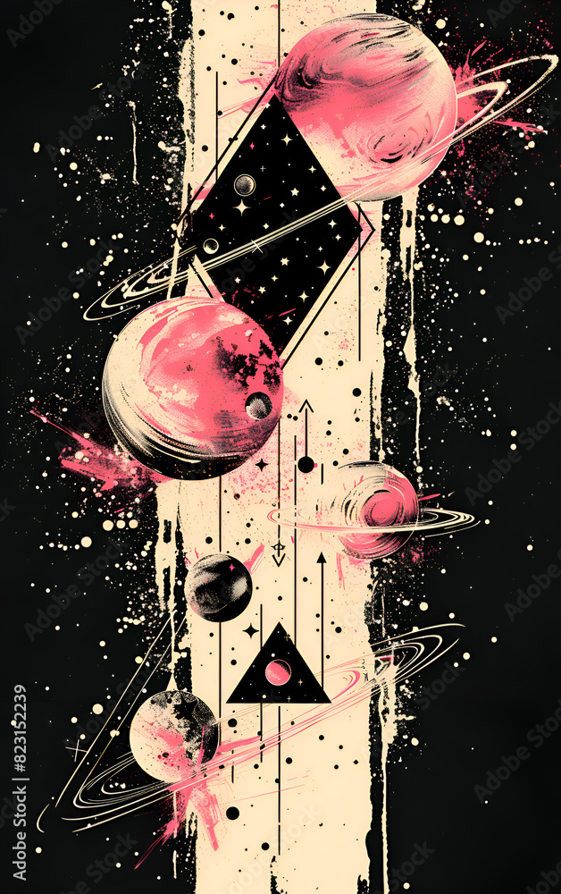 Poster a painting of a galaxy with a large planet in the center and three smaller planets surrounding it. t