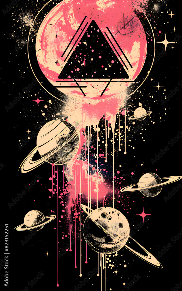 Poster a painting of a galaxy with a large planet in the center and three smaller planets surrounding it. t