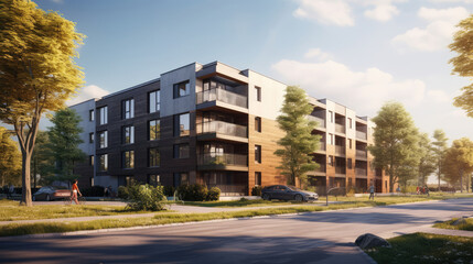 Fototapeta premium Modern Apartment Building Bathed in Sunset Glow