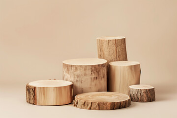 Rustic round wood pieces podium for product placement, beige background