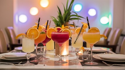 A mix of a few bright tropical cocktails or glasses of lemonade with slices of orange and beautiful decoration on a table in a restaurant with backgrounds of bright colored lights soft focus