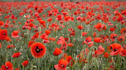Obraz premium Beautiful field of red poppies blooming in spring. Bright flowers create stunning scenery. Ideal for nature and floral imagery. AI