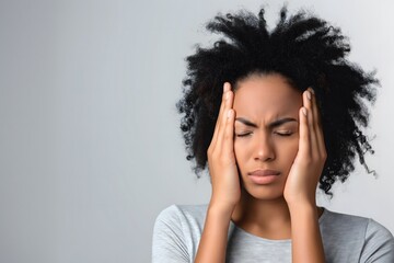 Fototapeta premium A young woman with curly hair holds her temples in pain, indicating a headache