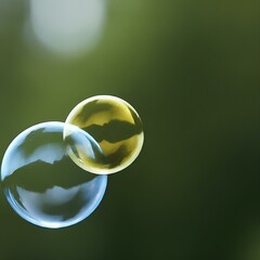 
This image shows a close-up of two soap bubbles, one blue and one yellow, with reflections on their surfaces.