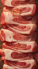 Top view of fresh raw pork slices seasoned with herbs and spices, arranged on a dark surface for cooking preparation.