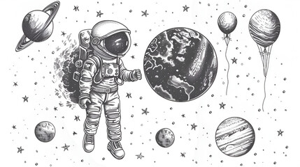 astronaut spaceman planets in solar system scetch art, generative Ai
