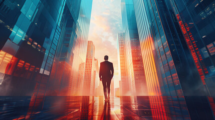 Businessman walking in front of a skyscraper, representing corporate mobility and ambition