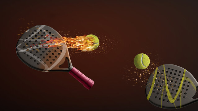 Abstract padel rackets with a ball on fire on a dark background
