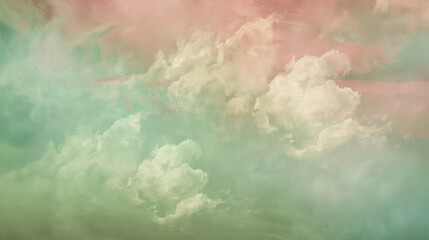 Background of Renaissance Clouds Painting: Pastel Mint Green & Peach, Mid-Morning Soft Dreamy Light