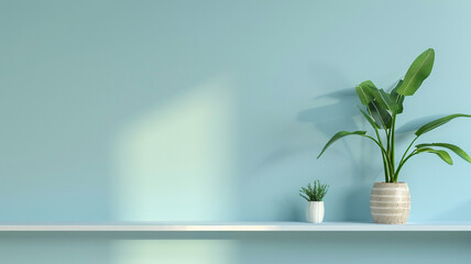 Interior wall mockup including a shelf, light blue wall, and green plant.