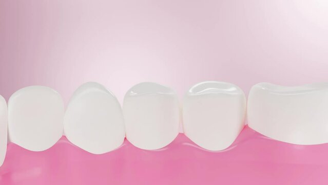 3D animation, bacteria trapped in teeth are removed, leaving teeth white and clean 3d scene for oral care product advertising.