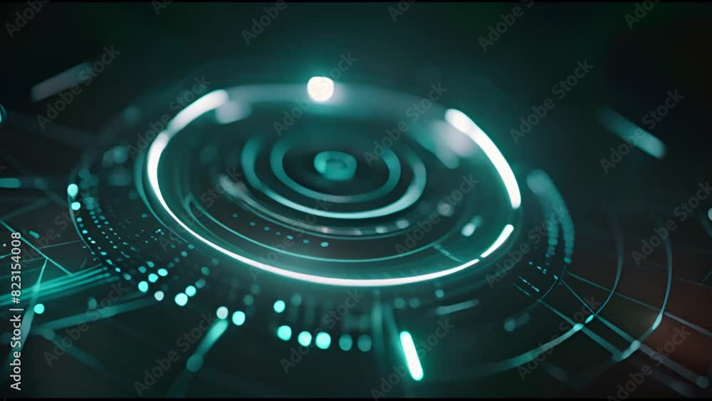 Poster Abstract HUD user interface with spinning circles. Optical display with scope and scanning. Glowing digital futuristic illuminator light.