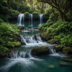 A serene hobbit waterfall hidden deep within a verdant forest, its waters cascading into a crystal-clear pool below.

