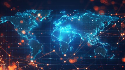 Fototapeta premium Conceptual illustration of a global digital network with interconnected nodes and data flowing across continents, highlighting worldwide connectivity.