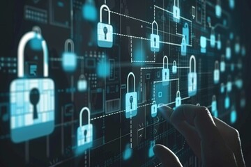 Naklejka premium Dark Cybersecurity Interface with Multiple Lock Icons in Glowing Blue