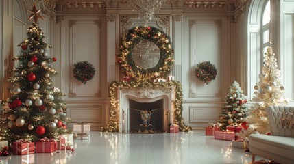 Christmas ballroom backdrop, Christmas items around the perimeter, empty space in the center. Generative AI.