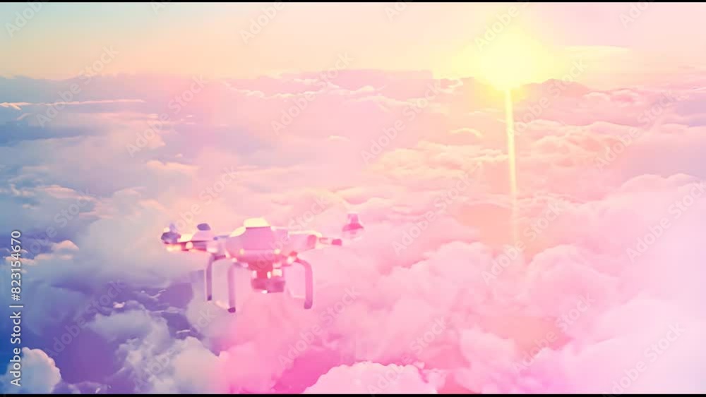 Poster HUD overlay animation captured from a drone aircraft above clouds. The observation camera scans the surroundings as it flies in the direction of the shining sun.