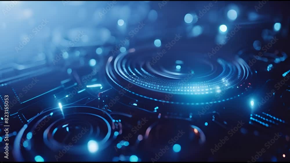 Poster blue circles glow in a loop against a sci-fi background.