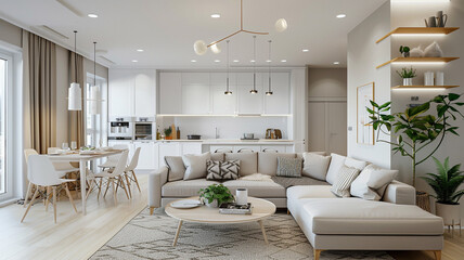 Modern Scandinavian apartment interior design, with living and dining rooms and a panoramic 3D illustration.