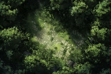DnD Battlemap Shadowy Forest Clearing: A secluded forest clearing with soft light.