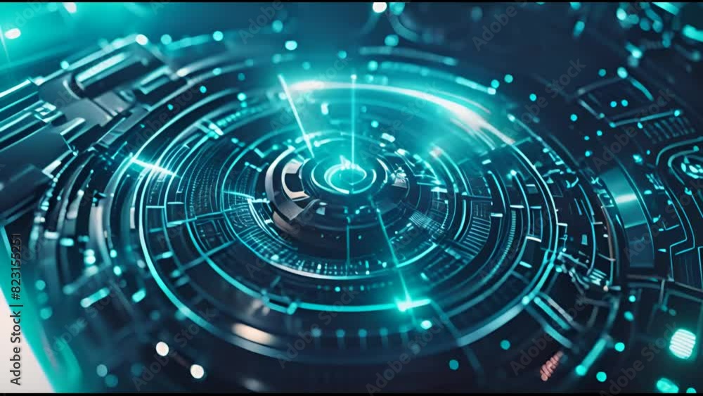 Poster Concept element of a futuristic 3D hologram driven mechanical components spinning technology, using a sci-fi interface for virtual connections. Display of digital analytics in motion.