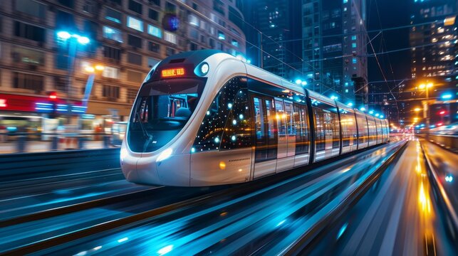 A train is traveling down a track in a city at night