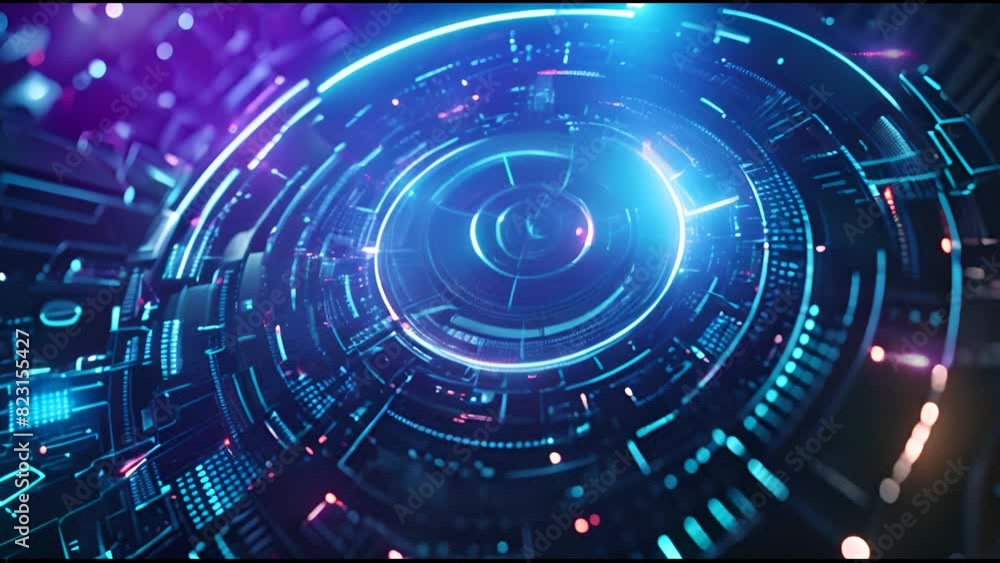 Poster Hologram hologram circle interfaces with dual blue holograms. Digital data network protection, future tech network concept. Excellent for high-tech, science technology, or futuristic concepts.