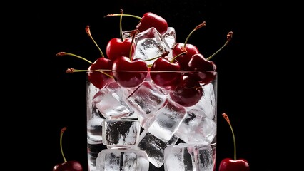 Natural ice in a glass with cherries on a black background