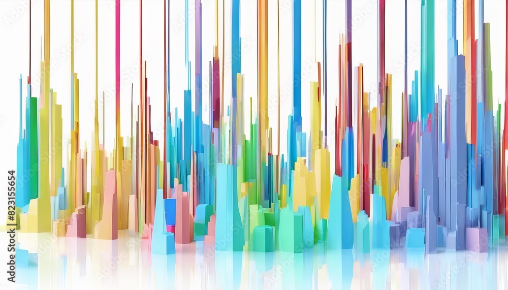 Poster a modern abstract representation of skyscrapers using colorful vertical lines and shapes on a bright