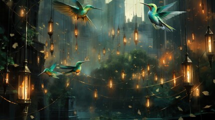 Enchanting scene of turquoise hummingbirds flying amidst glowing lanterns in a mystical, foggy forest setting at dusk.