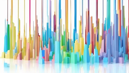 A modern abstract representation of skyscrapers using colorful vertical lines and shapes on a bright reflective surface.. AI Generation