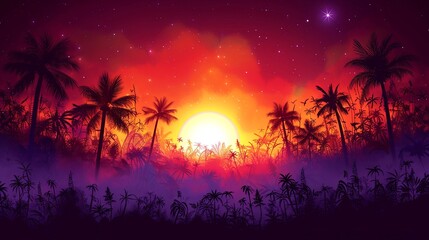 A vibrant sunset with palm trees and a starry sky, creating a tropical and serene atmosphere