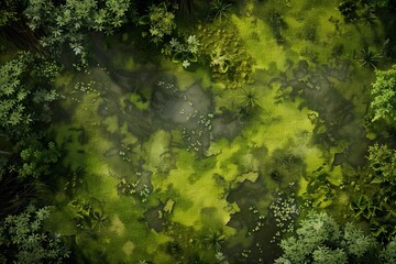DnD Battlemap battlemap in toxic bog - Surrounded by greenery, battlemap shows a hazardous setting_remains of a bridge in a murky swamp.