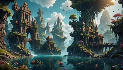 Obraz premium Fantasy Landscape Painting With Trees and Water