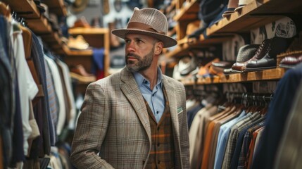 A man in a suit and hat is looking at clothes in a store - Powered by Adobe