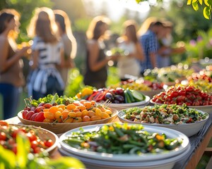 Vibrant Vegan Community Sharing Plant Based Dishes Outdoors in a Sustainable Feast of Fresh Nutritious Produce