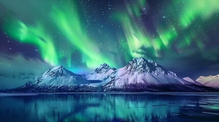 Naklejka premium Scenic view of the Northern Lights over snow-capped mountains. Vibrant colors and breathtaking scenery. Ideal for travel and nature themes. AI