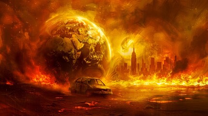 A dramatic and fiery apocalyptic vision with a burning cityscape and a glowing earth.