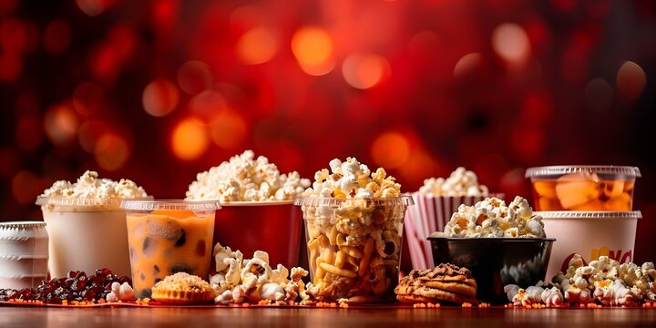 Various styles of movie snacks and drinks arranged on a red background. Concept Movie Night, Snack Display, Red Background, Refreshing Beverages