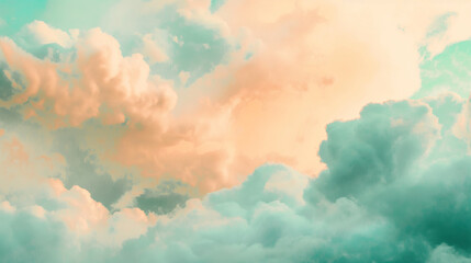 Background of Renaissance Clouds Painting: Pastel Mint Green & Peach, Mid-Morning Soft Dreamy Light