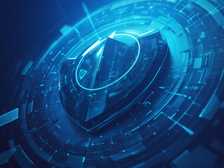 Futuristic digital shield symbol surrounded by intricate blue circuitry and data patterns