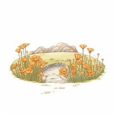 Naklejka premium Hand-drawn illustration of a beautiful meadow with bright orange flowers and a dirt path, set against a backdrop of rolling hills and clear sky.