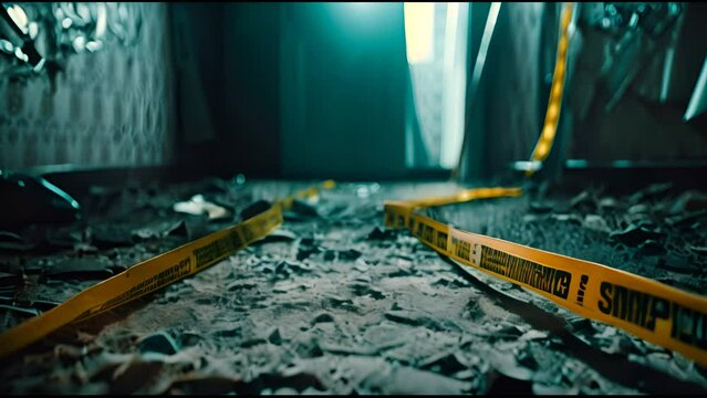 Detailed shot of the crime scene inside the home of a deceased person. Dead man, police line, clues, and evidence. A serial killer and a detective are analyzing a scene in a deceased person's home.