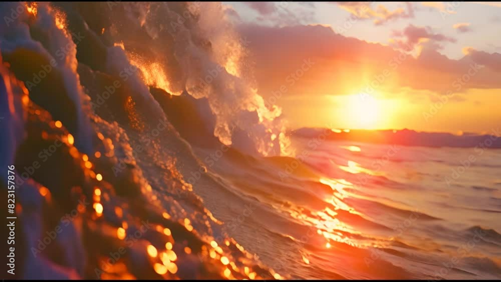Poster Sunset shot in slow motion, close up of a sea wave, or a video with a vertical loop which shows the waves in action