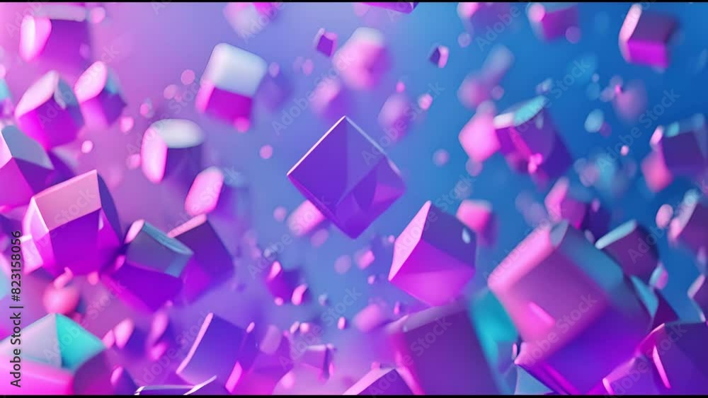 Poster a colorful image of many blue and purple cubes on a blue background. the cubes appear to be flying t