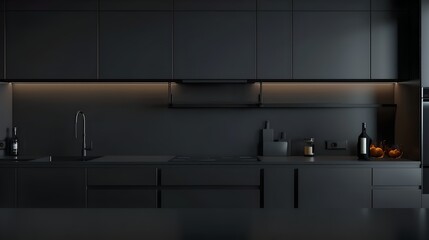 Modern minimalistic dark kitchen. Sleek design with clean lines and functional purpose. Black cabinets and subtle lighting create a sophisticated look. AI