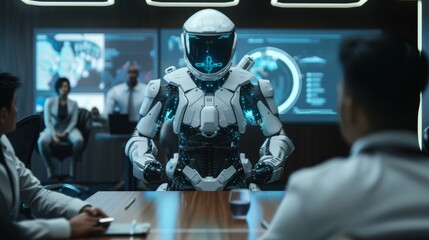 Chief Engineer presents next generation space suit to Board of Directors, complete with AI and neural network systems.