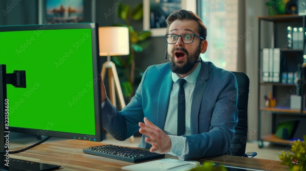 Aufkleber video call in the office by an employee with a mock-up green screen. he talks with the recipient and